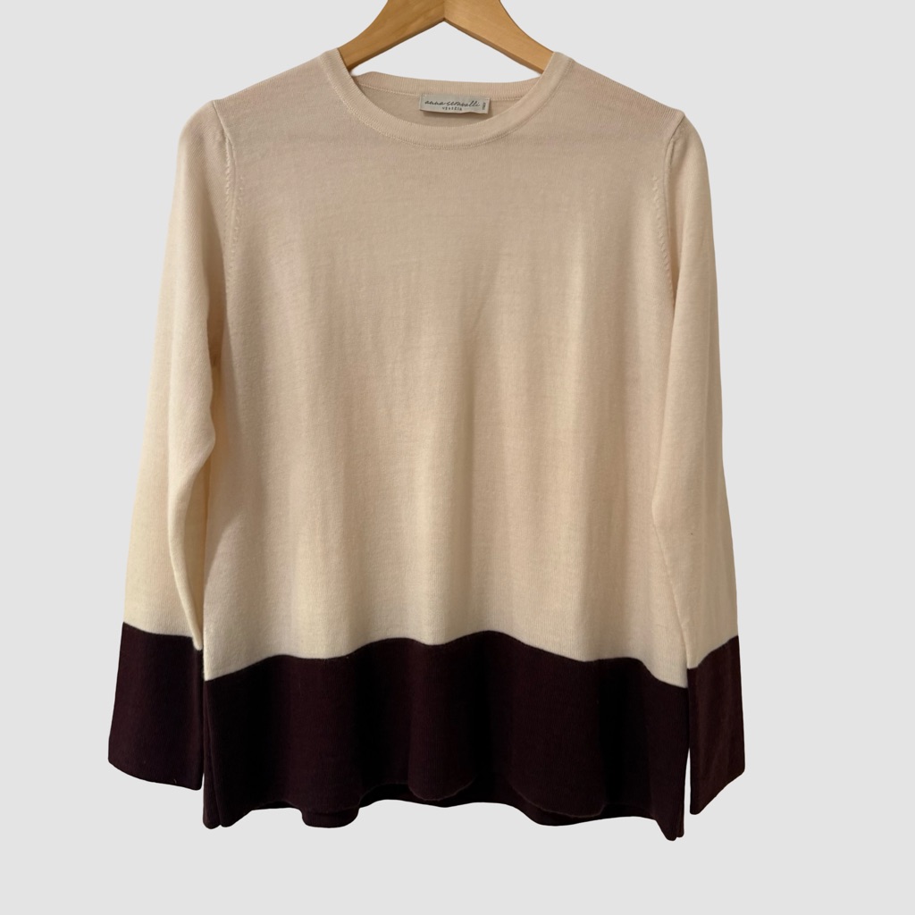Anna Seravalli Venezia Cream/Brown Merino Wool Crew Neck Sweater It46/S ($236)